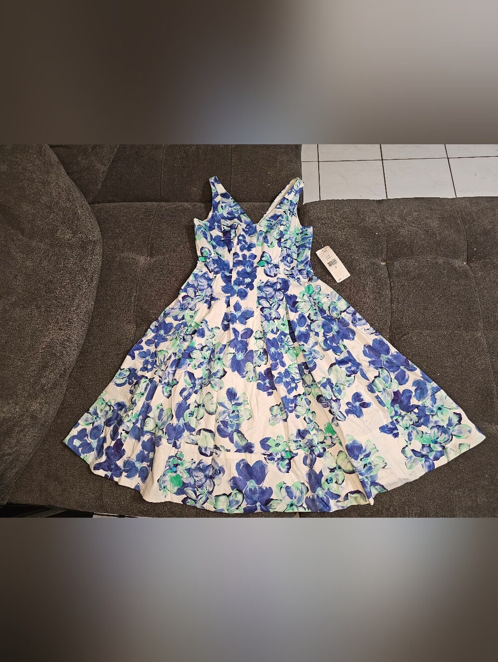 White Floral Fit-and-Flare Dress with Blue & Teal Flowers